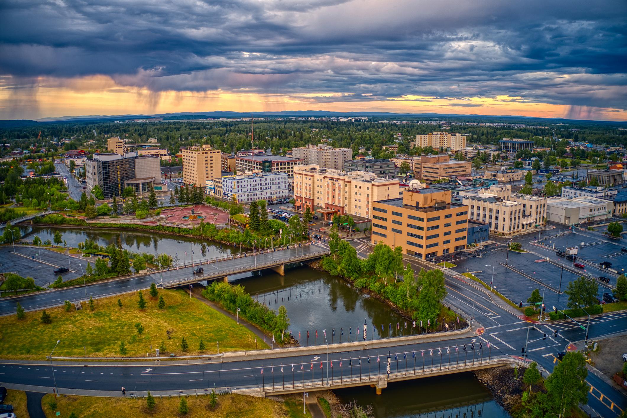 Aerial View of Downtown Fairbanks, Alaska during sunset